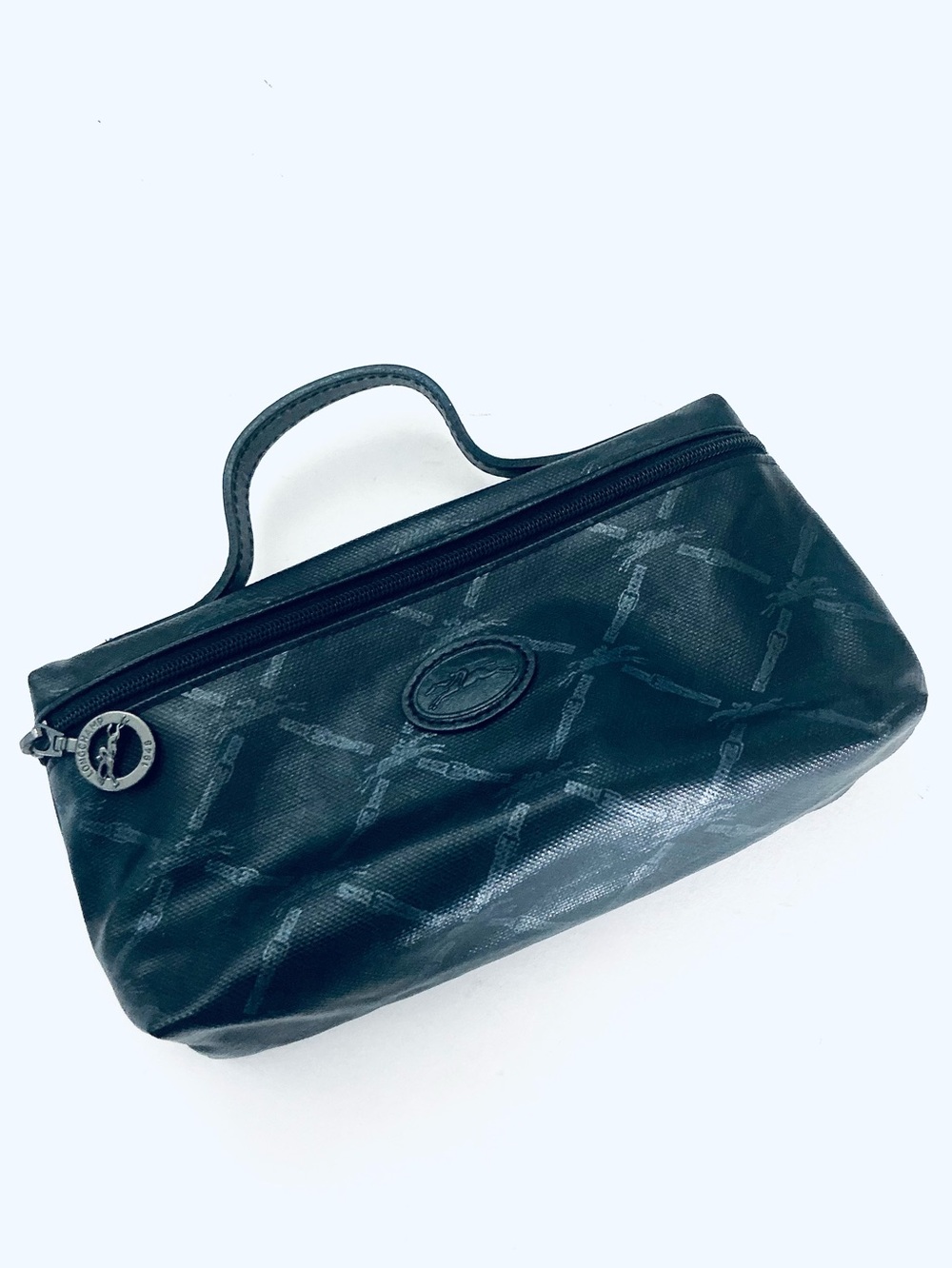 LONGCHAMP, Vintage Le Pliage Black Nylon Cosmetic Toiletries Bag with Top Handle